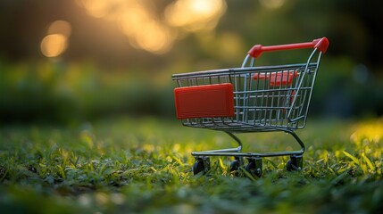 Miniature shopping cart in grassy field at sunset.
