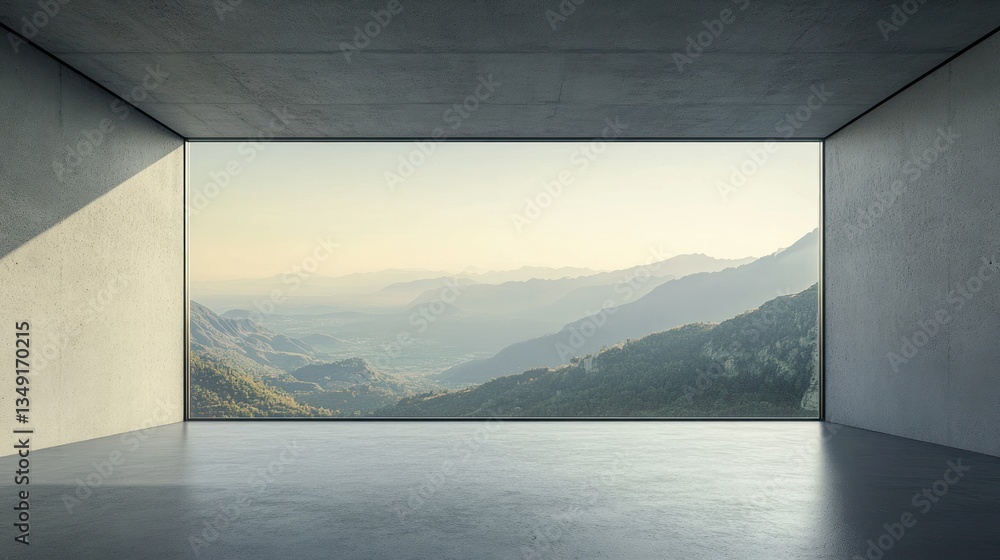 Poster minimalist concrete room with panoramic mountain view through large window.