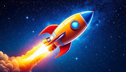 A vibrant cartoon rocket blasts off against a starry night sky, leaving a fiery trail.