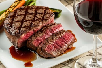 Perfectly cooked steak paired with wine and grilled vegetables in an elegant dining setting
