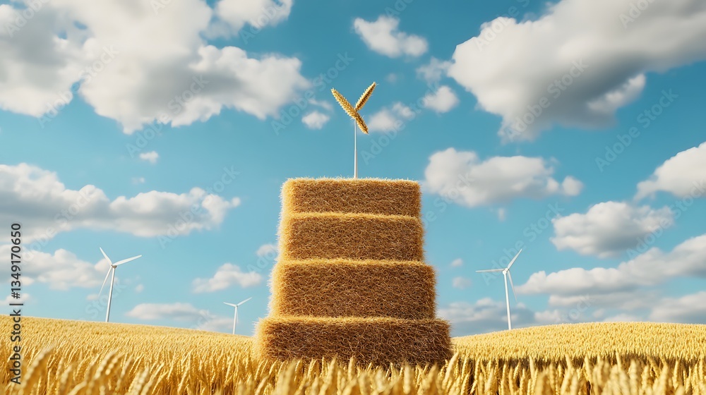 Poster a podium built from golden wheat, standing in the middle of a vast countryside field with windmills 
