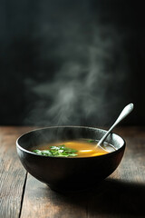 Steaming hot miso soup served in a black bowl on wooden table with dark background, traditional Japanese cuisine
