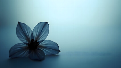A shadowy, dark flower at the bottom of an ethereal gradient background in soft blue and white hues; natural, minimalistic, moody elegance with serene vibes.Laptop Wallpaper.