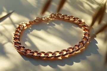 A delicate rose gold bracelet elegantly resting atop glossy white paper.