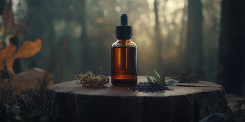 Amber glass dropper bottle with natural herbs in forest setting.