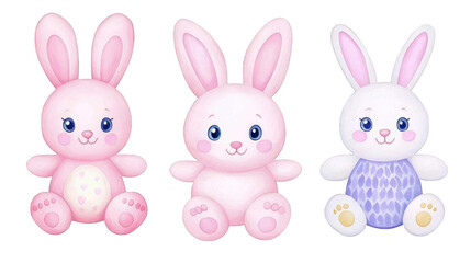 Obraz premium Watercolor Illustration Of Three Adorable Pink And White Bunnies With Blue Eyes And Transparent Background Ideal For Easter Celebrations