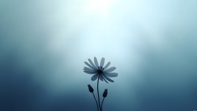 A shadowy, dark flower at the bottom of an ethereal gradient background in soft blue and white hues; natural, minimalistic, moody elegance with serene vibes.Laptop Wallpaper.