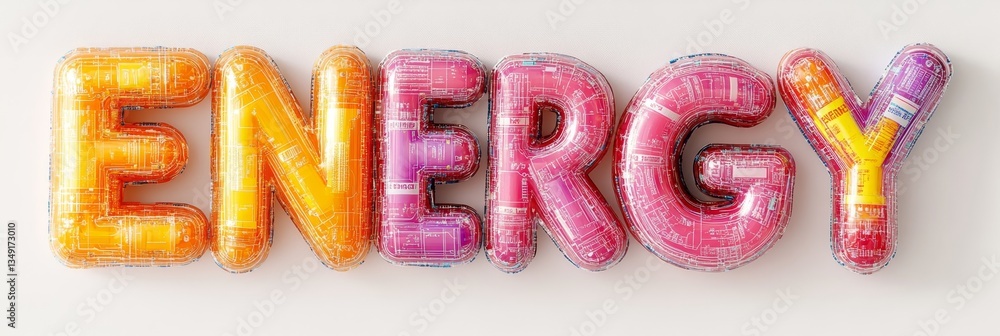 Poster 3d rendering of the word energy composed of colorful batteries and circuits on a white background