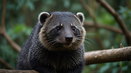 Obraz premium Close-up of a ringtail. Dense fur, dark eyes, alert expression, perched on branch. Tropical forest backdrop