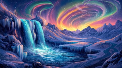 Fototapeta premium Psychedelic winter landscape with vibrant glowing waterfalls, icy fractal patterns, swirling auroras in the sky, neon art style