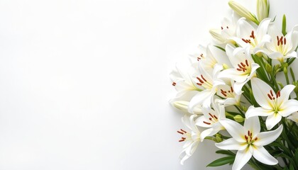Background snow-white lilies with copy space. Spring Easter floral design for wedding, funeral, church, baptism, memorial. Pure white flowers, symbol of purity, renewal, hope. Elegant bouquet