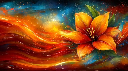 Vibrant orange lily amidst fiery, cosmic swirls.