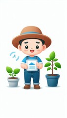 Gardening enthusiast with plants indoor setting digital illustration cheerful vibe