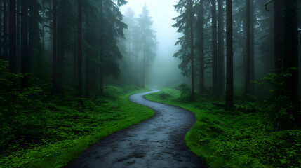 Fototapeta premium Winding Path Through a Misty Green Forest