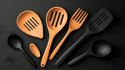 Wooden and Black Kitchen Utensils on Dark Background