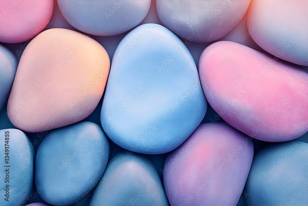 Poster smooth pastel-colored stones arranged closely together, creating a calming and visually appealing pa
