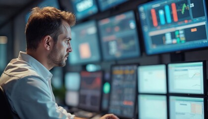 Engineer working at control room, monitoring program on multiple computer monitors. Tech specialist, manager control system, technician man at office with modern tech, digital data processing, data