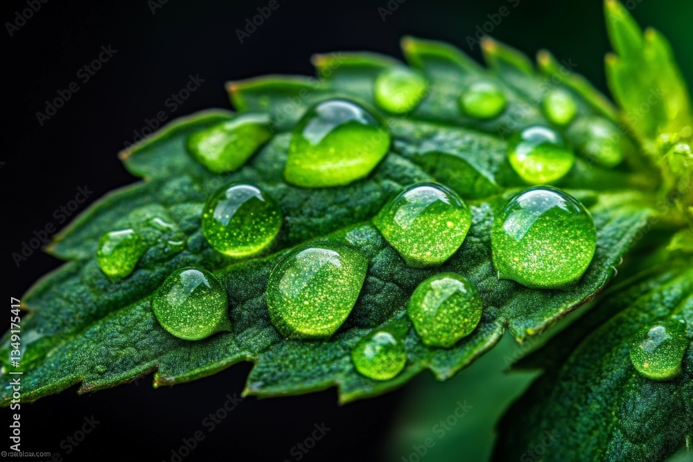 Poster close-up view of raindrops on green leaves captured in a natural setting after rainfall during the e