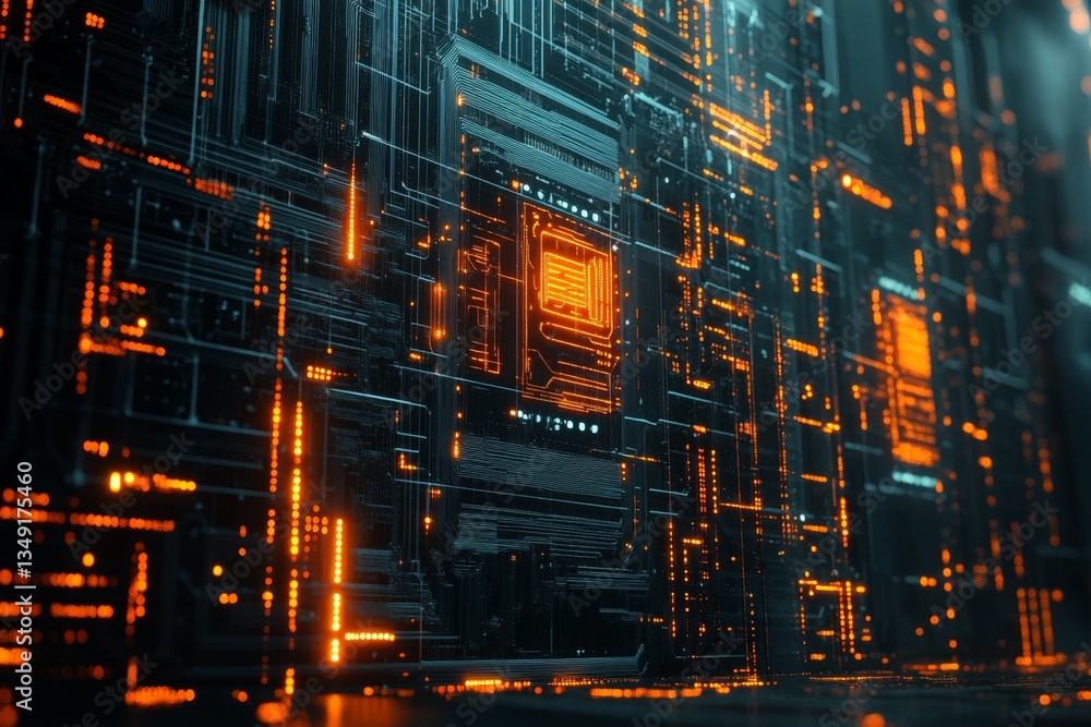Poster Intricate circuit patterns illuminated with orange lights in a futuristic digital landscape