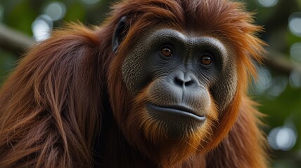 Naklejka premium Close-up of a mature orangutan, alert and serene expression. Lush, reddish-brown fur, intelligent eyes