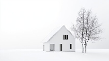 Minimalist white house in snowy landscape.