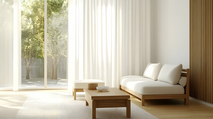 Modern minimalist living room with abundant natural light and serene ambiance showcasing simple design elements in a tranquil setting