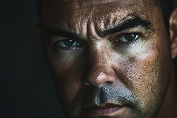 Fototapeta premium A man's intense gaze, a story etched in his weathered face, revealed in dramatic chiaroscuro lighting.