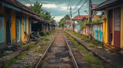 Obraz premium Empty train tracks through a vibrant, slightly dilapidated village