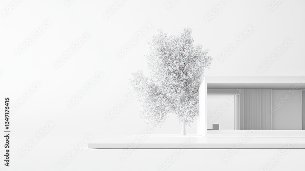 Poster minimalist white house model with a small tree, clean design, architectural rendering.