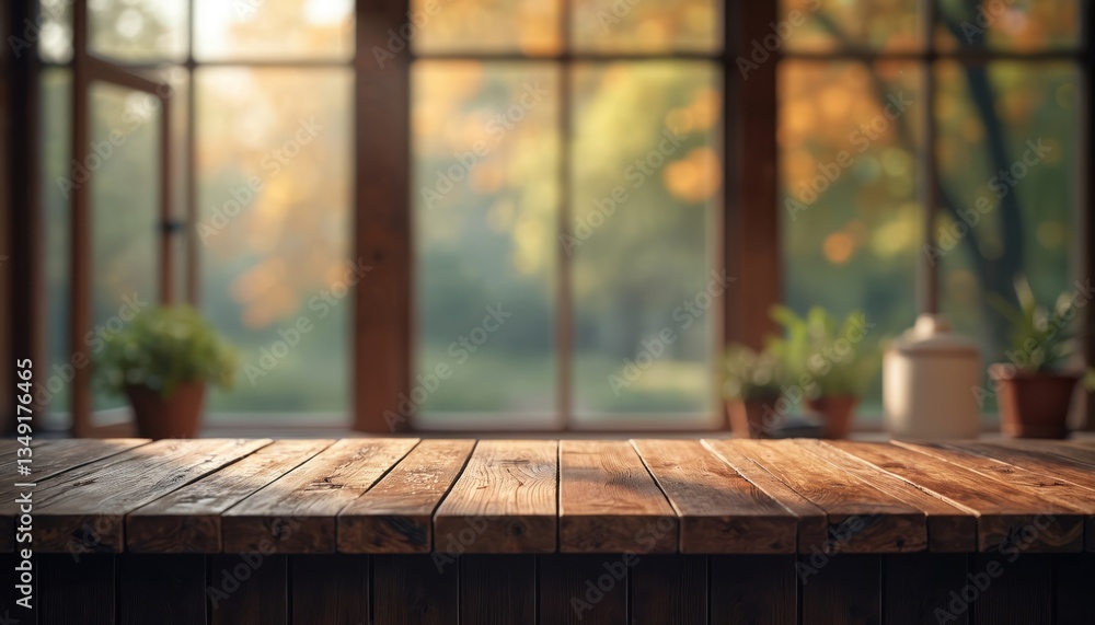 Poster empty dark wooden table near open window. bokeh panorama blurred background with nature, plants, sun