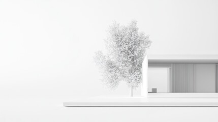 Fototapeta premium Minimalist white house model with a small tree, clean design, architectural rendering.