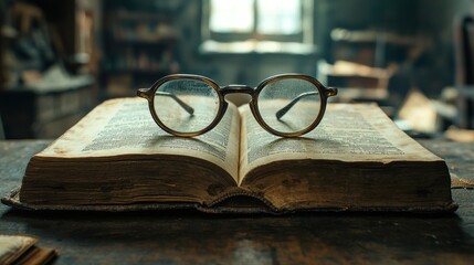 Antique book open with spectacles, workshop interior, sunlight through window