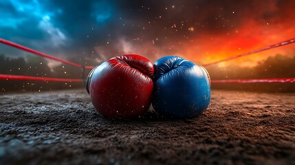Red and blue boxing gloves in a ring.
