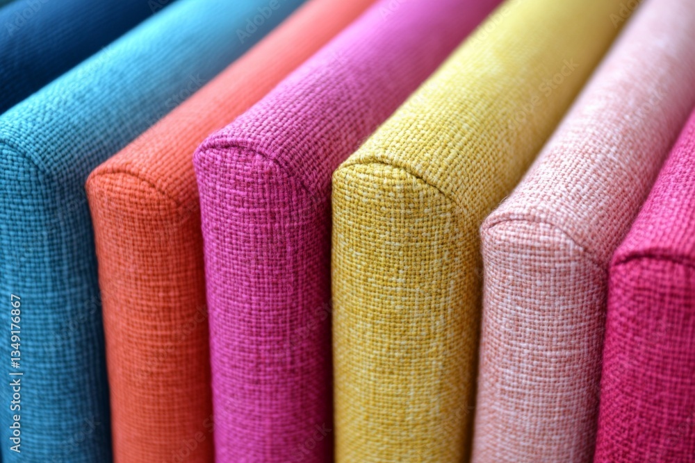 Poster colorful fabric swatches arranged in a row showcasing various textures and vibrant hues