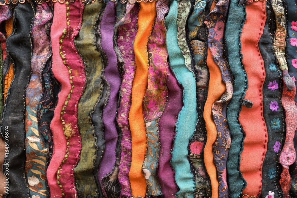 Poster Colorful textile display showcasing a variety of striped fabrics with intricate patterns and textures