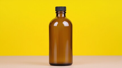 Clear Brown Glass Bottle on Yellow Background with Black Cap