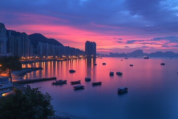 Obraz premium Beautiful sunset over calm waters with boats and city skyline in the background