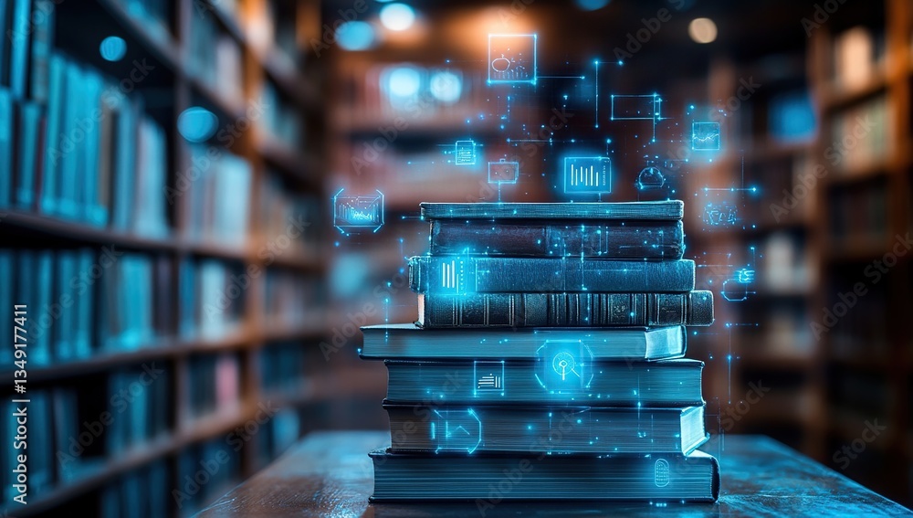 Poster stack of old books with glowing digital icons in a library setting