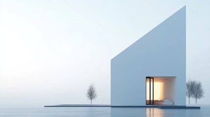 Fototapeta premium Minimalist white house with glass doors reflecting in water, trees, and soft light.