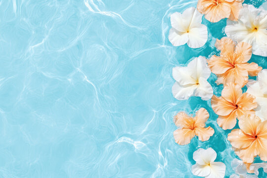 Tropical hibiscus flowers floating on tranquil blue water surface, creating a serene summer vibe