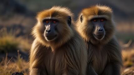 Obraz premium Two baboons in the wild, facing forward. Close-up of their expressive faces and orange eyes, surrounded by brown fur. Sunlight illuminates the scene