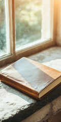 Vintage leather notebook by a sunny window creating a cozy atmosphere
