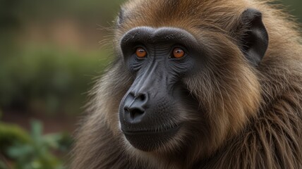Obraz premium Close-up of a baboon's head, intense gaze. A close-up, detailed portrait of a baboon's head. The animal's intense gaze and rich brown fur are prominent features