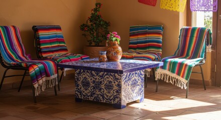 Patio with Colorful Blankets on Chairs and Ornate Tile Table