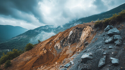 Scenic View of a Mountainous Landscape with Dramatic Skies and Rich Textures of Earth and Rock Amidst Lush Greenery and Misty Atmosphere