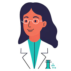 illustration of a woman with dark hair and glasses wearing a lab coat