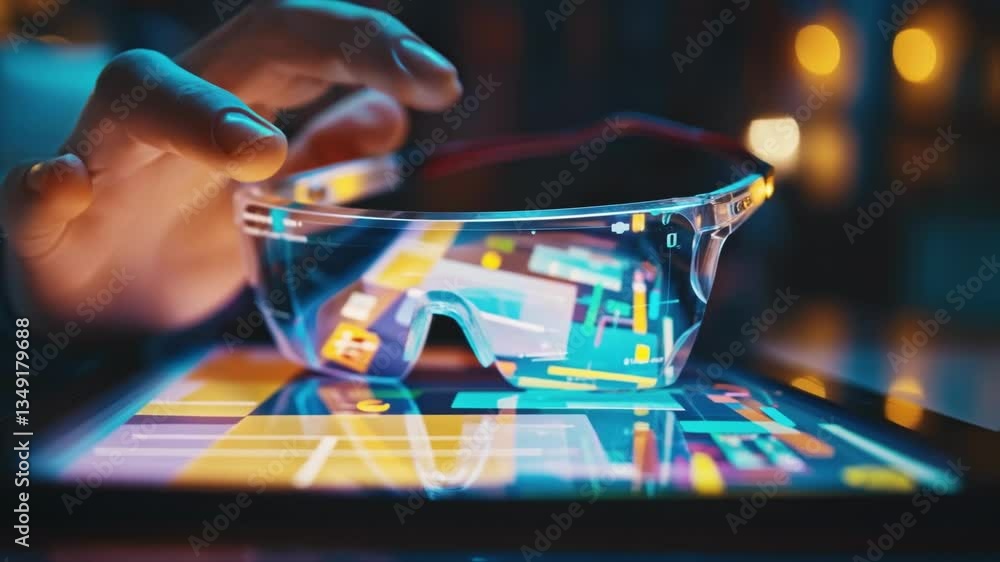 Poster software engineer holding futuristic augmented reality glasses over a digital tablet, exploring virt