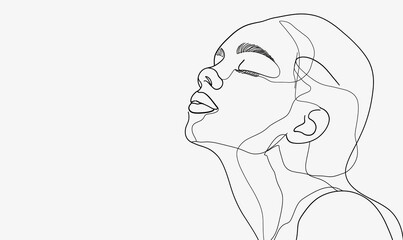 Minimalistic Continuous Line Drawing Portrait of a Young Woman's Face with Closed Eyes, Symbolizing Serenity, Calmness, Mindfulness, and Emotional Peacefulness in Modern Art