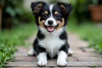 Fototapeta premium Happy puppy lounging on a stone path surrounded by greenery on a sunny day