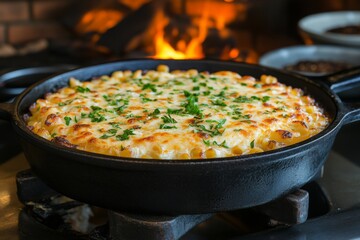 Fototapeta premium Sizzling cheesy dish baked to perfection, served in a cast iron skillet with fresh herbs on top